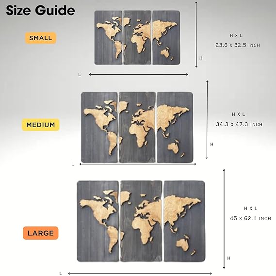 3 Panels 3D Wooden World Map Art